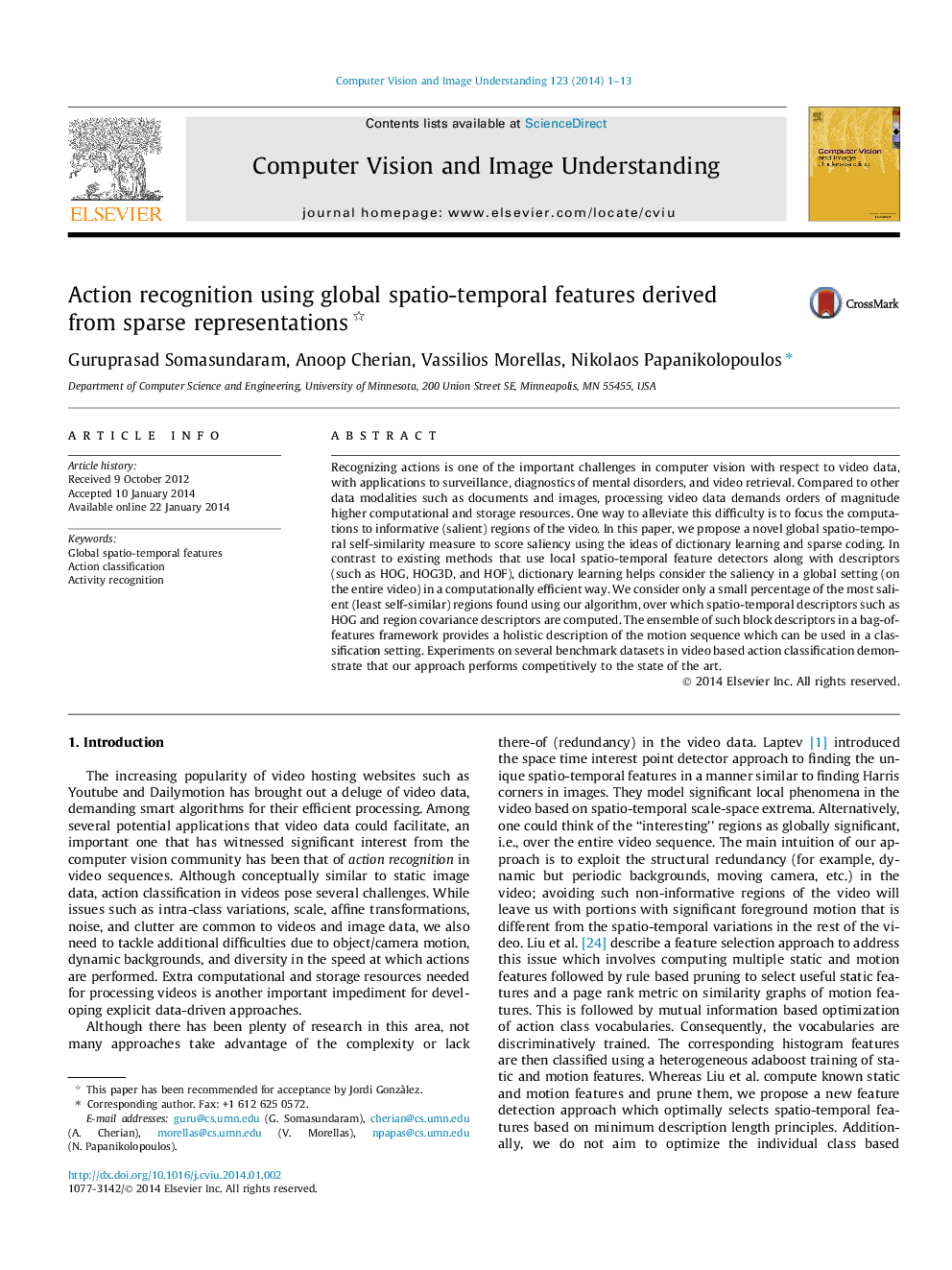 Action recognition using global spatio-temporal features derived from sparse representations 