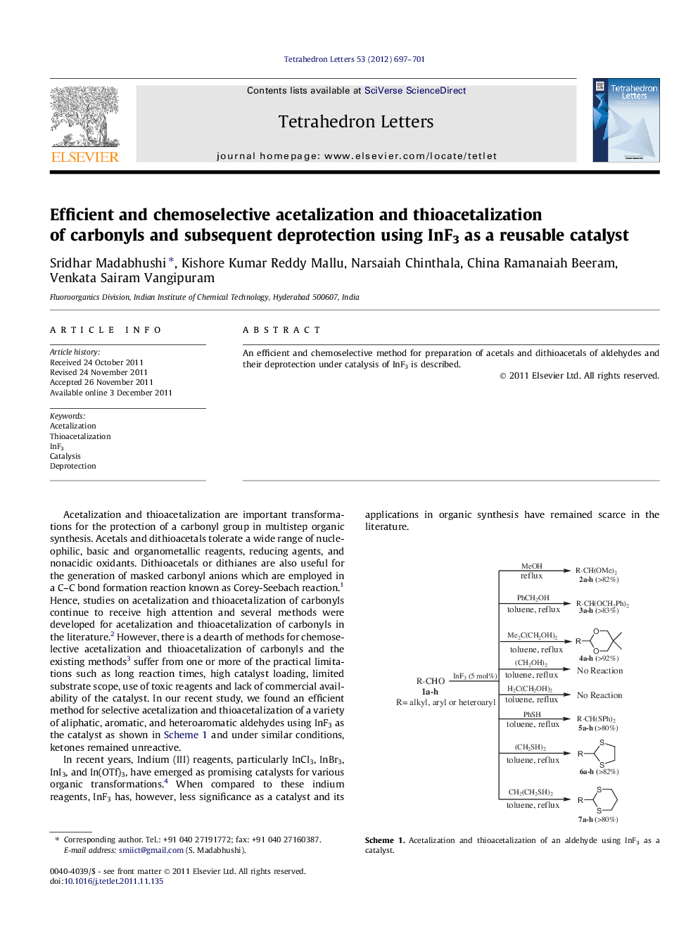 Efficient and chemoselective acetalization and thioacetalization of carbonyls and subsequent deprotection using InF3 as a reusable catalyst