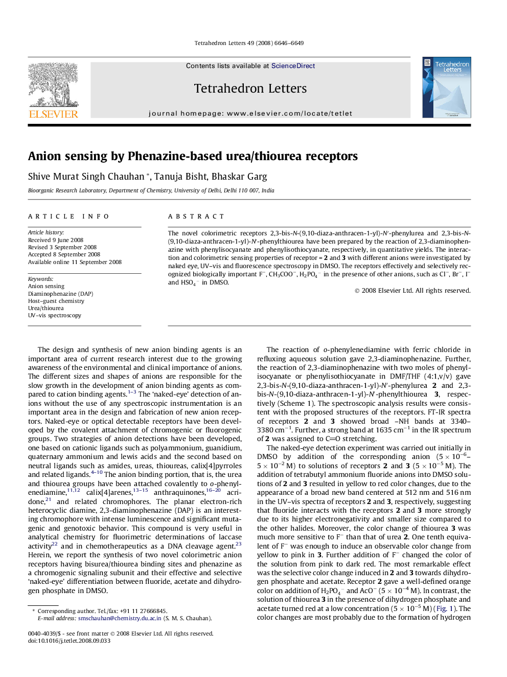 Anion sensing by Phenazine-based urea/thiourea receptors