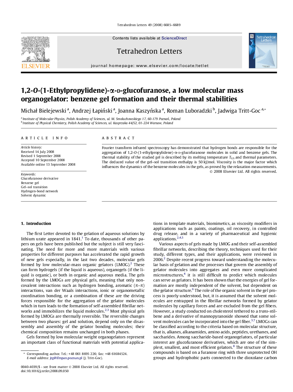 1,2-O-(1-Ethylpropylidene)-Î±-d-glucofuranose, a low molecular mass organogelator: benzene gel formation and their thermal stabilities