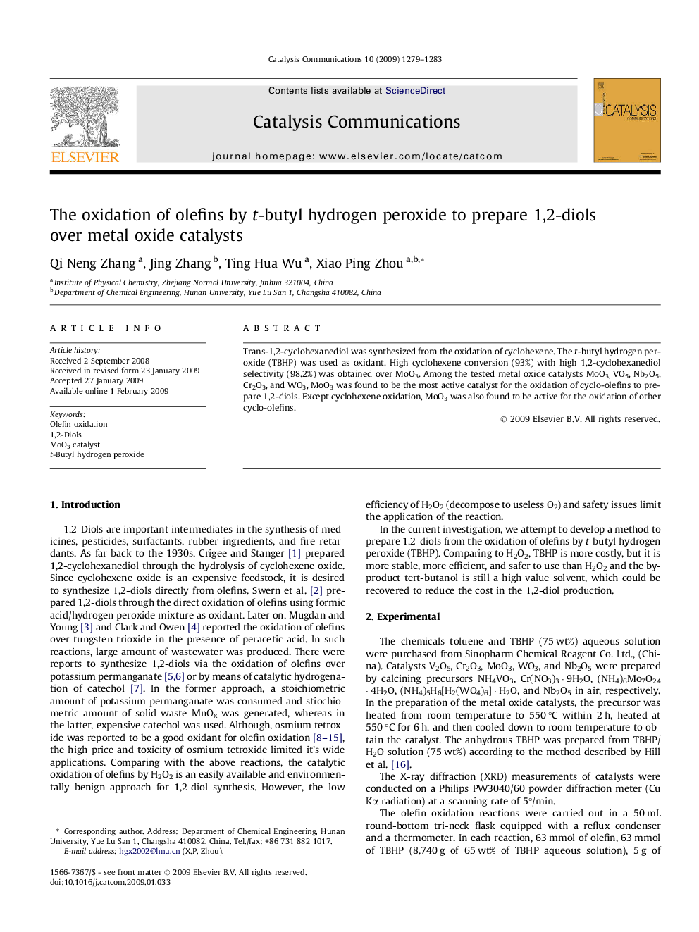 The oxidation of olefins by t-butyl hydrogen peroxide to prepare 1,2-diols over metal oxide catalysts