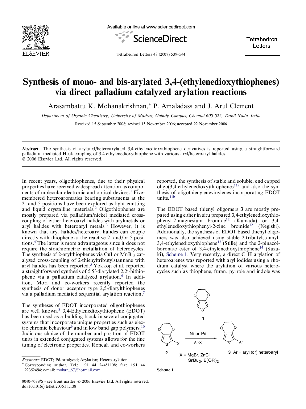 Synthesis of mono- and bis-arylated 3,4-(ethylenedioxythiophenes) via direct palladium catalyzed arylation reactions