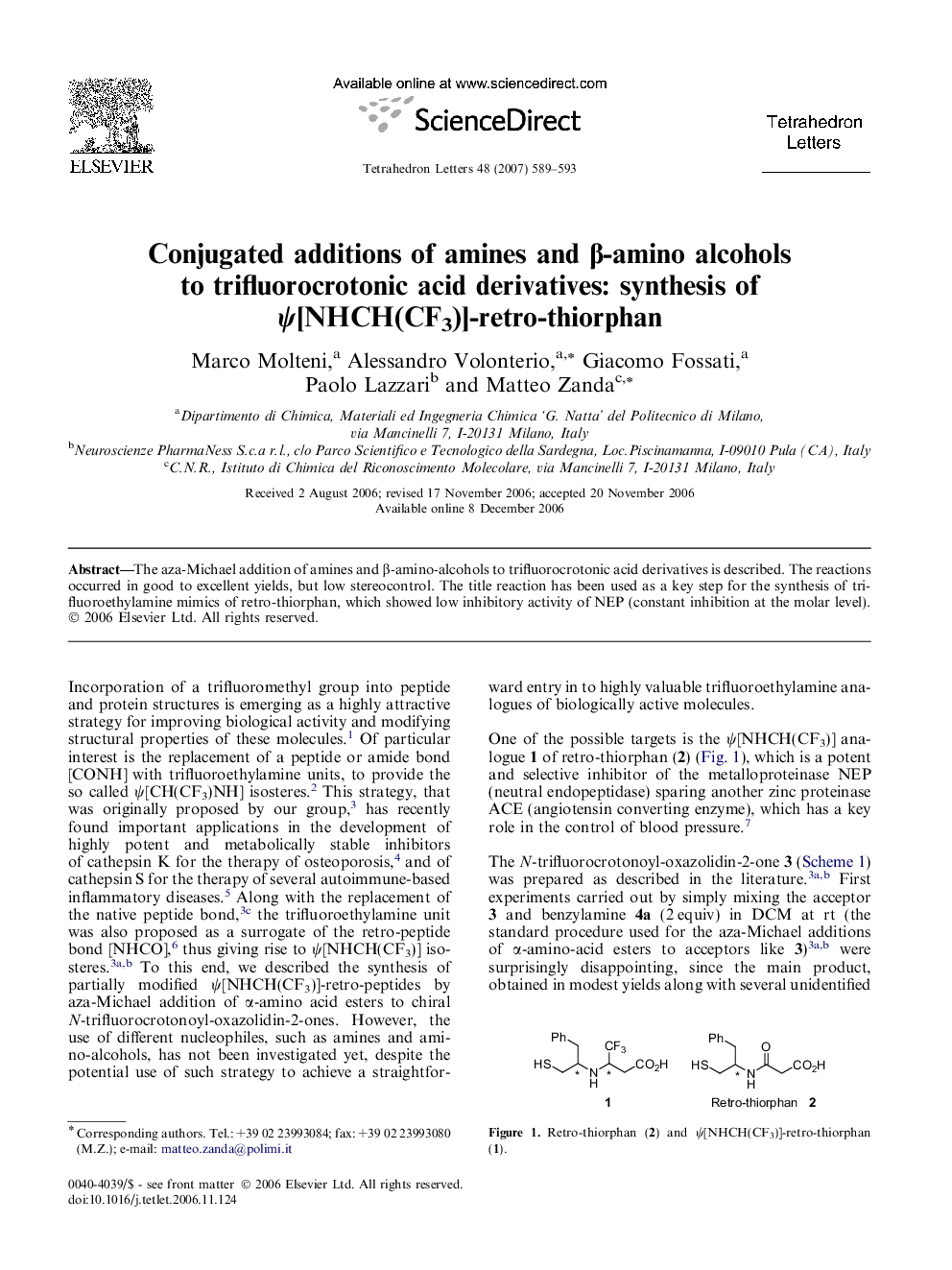 Conjugated additions of amines and Î²-amino alcohols to trifluorocrotonic acid derivatives: synthesis of Ï[NHCH(CF3)]-retro-thiorphan