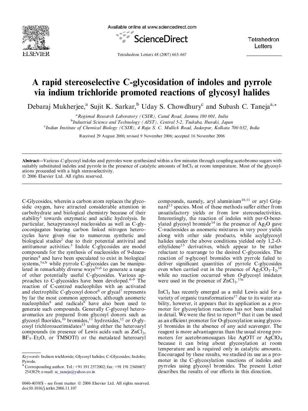 A rapid stereoselective C-glycosidation of indoles and pyrrole via indium trichloride promoted reactions of glycosyl halides