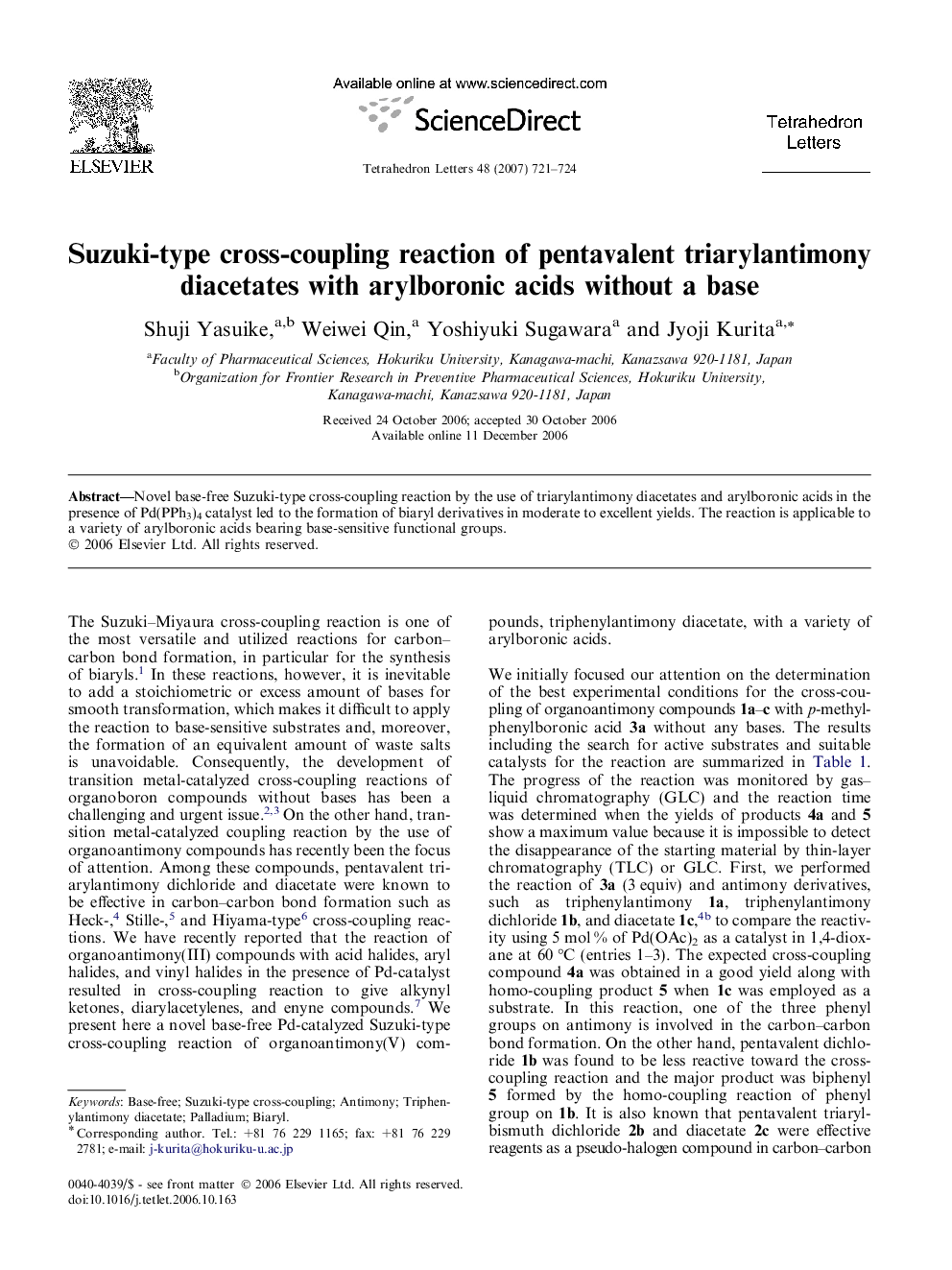 Suzuki-type cross-coupling reaction of pentavalent triarylantimony diacetates with arylboronic acids without a base