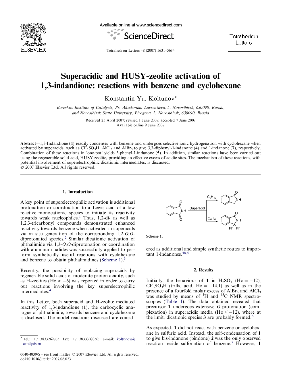 Superacidic and HUSY-zeolite activation of 1,3-indandione: reactions with benzene and cyclohexane