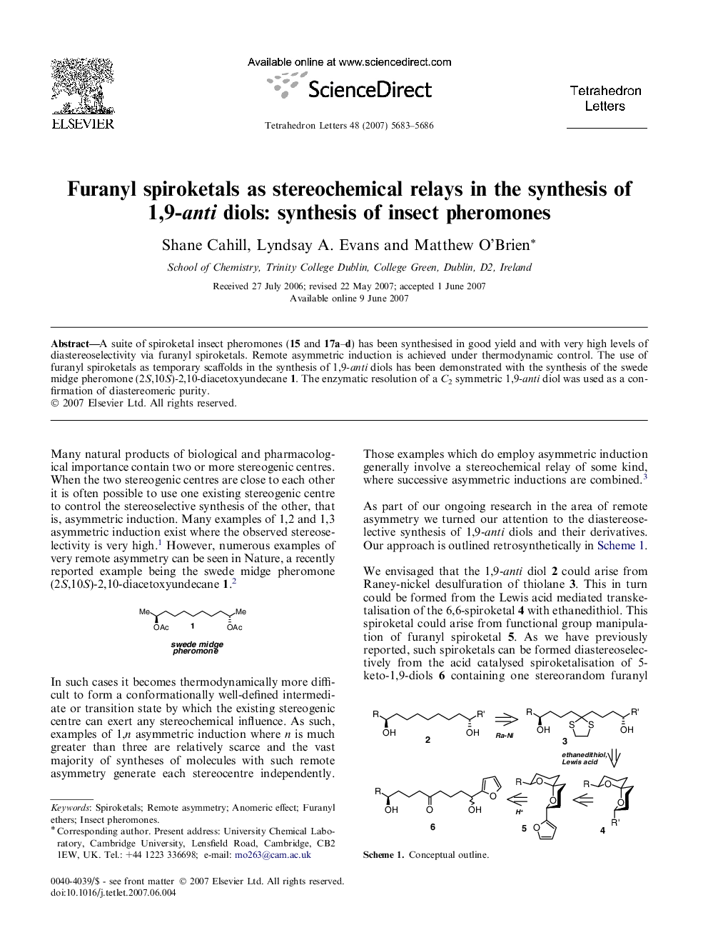 Furanyl spiroketals as stereochemical relays in the synthesis of 1,9-anti diols: synthesis of insect pheromones