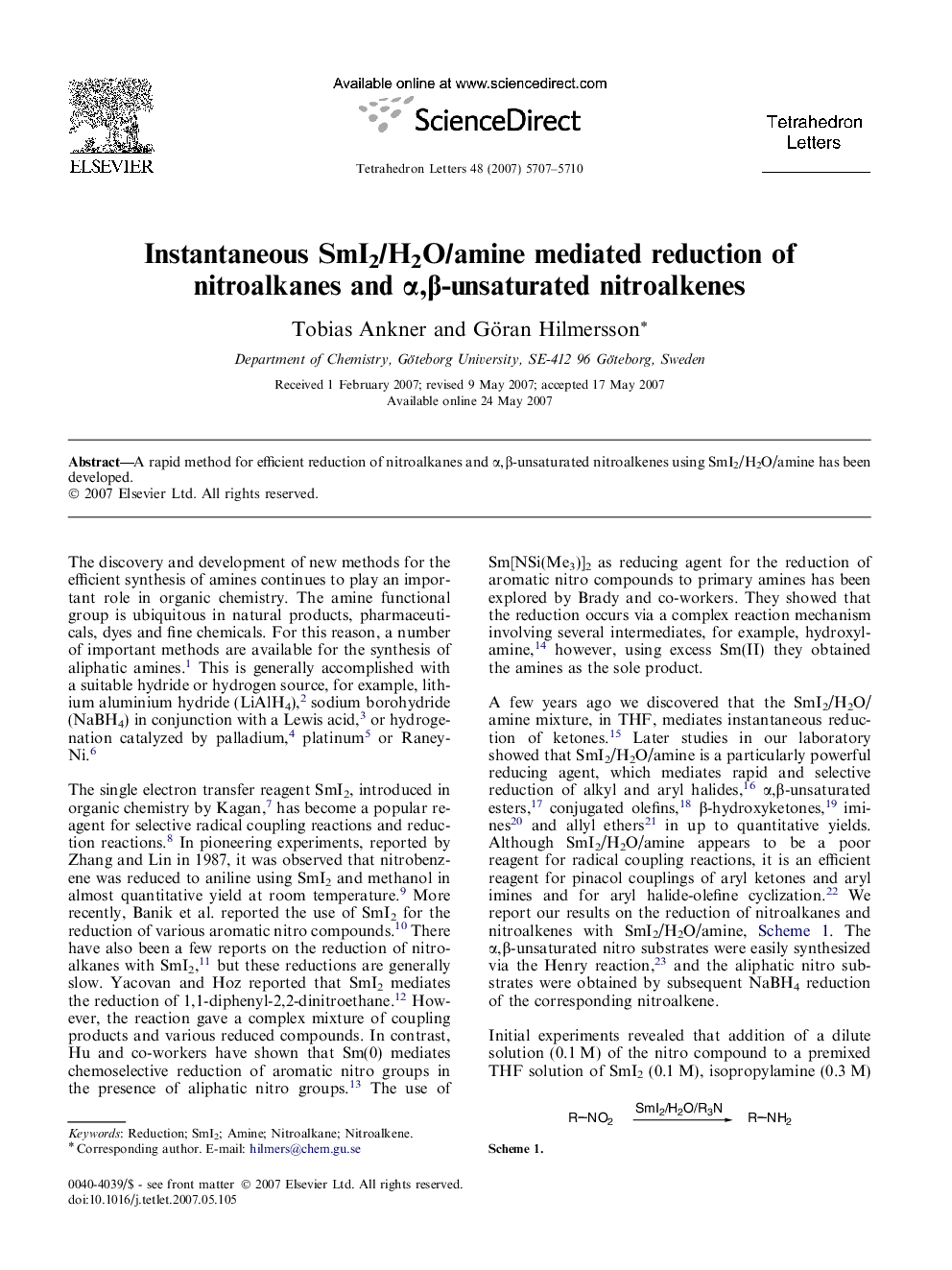 Instantaneous SmI2/H2O/amine mediated reduction of nitroalkanes and Î±,Î²-unsaturated nitroalkenes