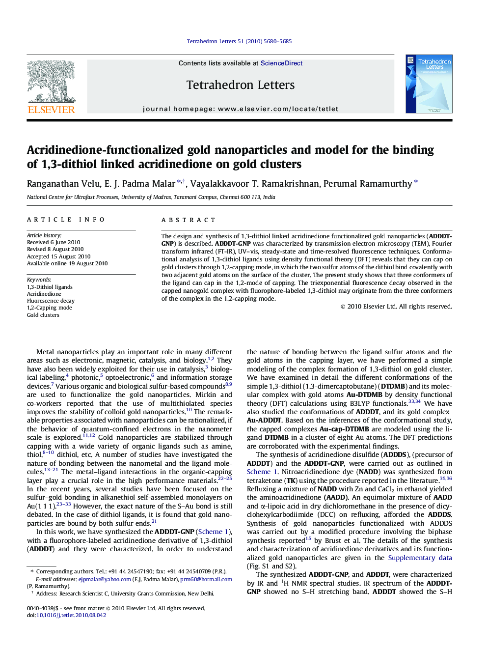 Acridinedione-functionalized gold nanoparticles and model for the binding of 1,3-dithiol linked acridinedione on gold clusters