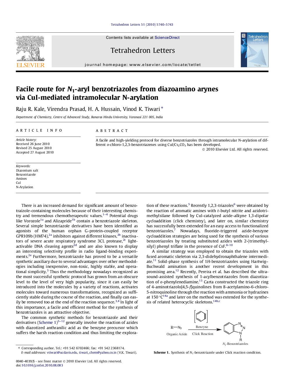 Facile route for N1-aryl benzotriazoles from diazoamino arynes via CuI-mediated intramolecular N-arylation