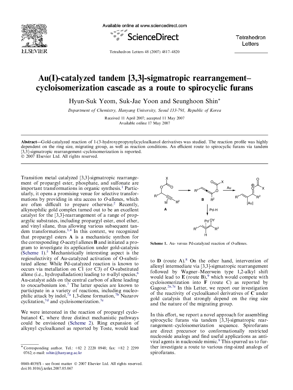 Au(I)-catalyzed tandem [3,3]-sigmatropic rearrangement-cycloisomerization cascade as a route to spirocyclic furans