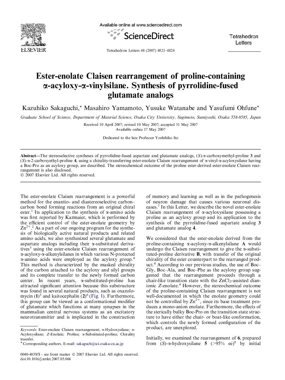 Ester-enolate Claisen rearrangement of proline-containing Î±-acyloxy-Î±-vinylsilane. Synthesis of pyrrolidine-fused glutamate analogs