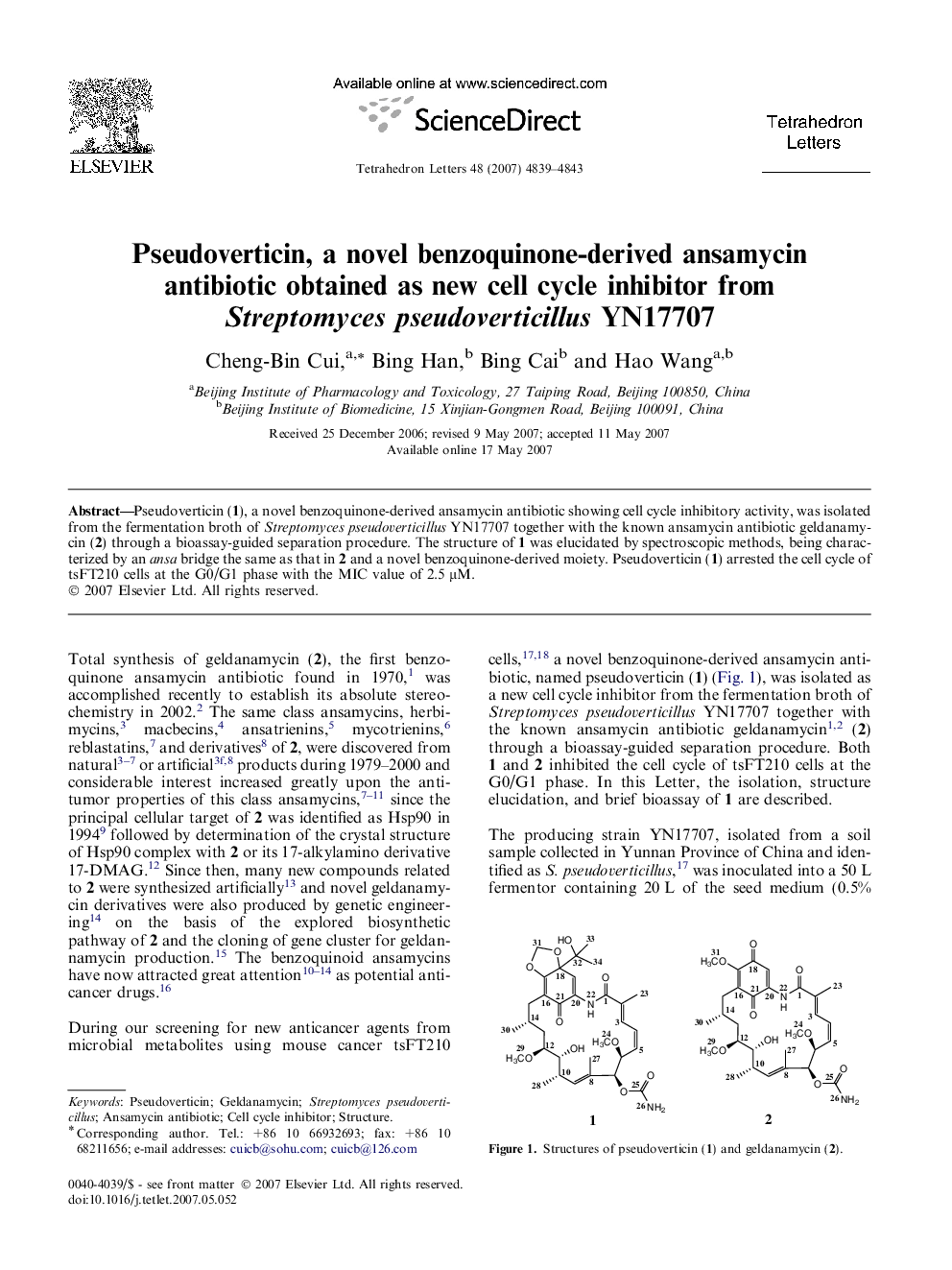 Pseudoverticin, a novel benzoquinone-derived ansamycin antibiotic obtained as new cell cycle inhibitor from Streptomyces pseudoverticillus YN17707