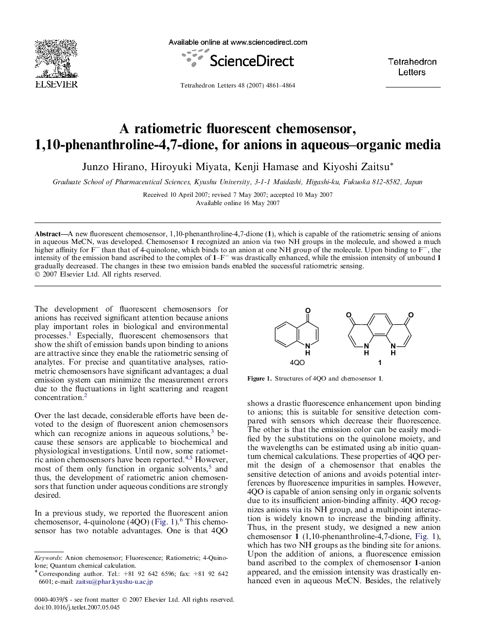 A ratiometric fluorescent chemosensor, 1,10-phenanthroline-4,7-dione, for anions in aqueous-organic media