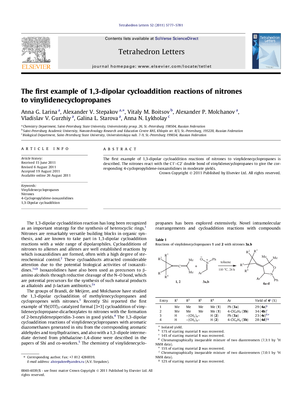 The first example of 1,3-dipolar cycloaddition reactions of nitrones to vinylidenecyclopropanes