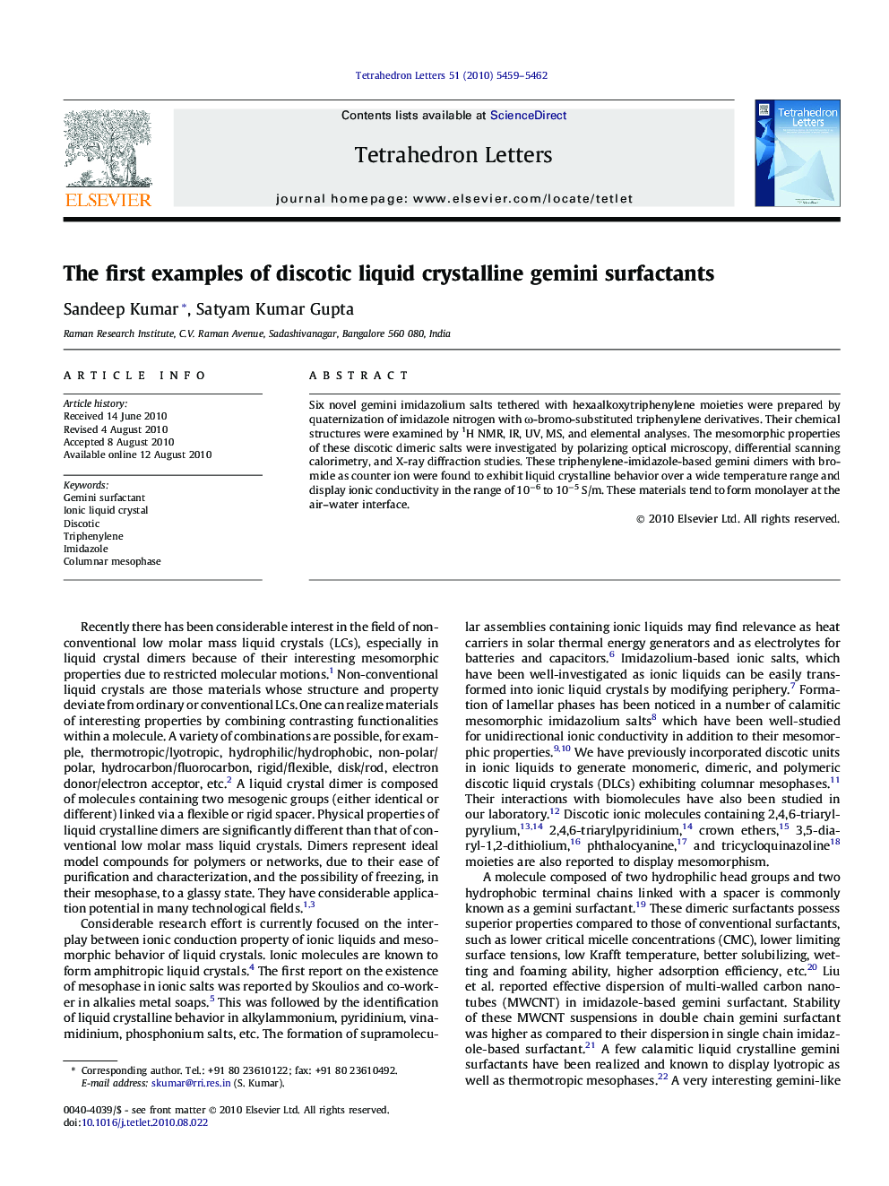 The first examples of discotic liquid crystalline gemini surfactants