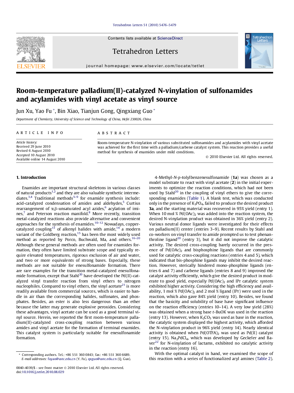 عکس صفحه اول مقاله: Room-temperature palladium(II)-catalyzed N-vinylation of sulfonamides and acylamides with vinyl acetate as vinyl source Room-temperature palladium(II)-catalyzed N-vinylation of sulfonamides and acylamides with vinyl acetate as vinyl source