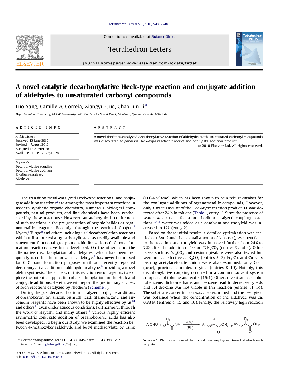 عکس صفحه اول مقاله: A novel catalytic decarbonylative Heck-type reaction and conjugate addition of aldehydes to unsaturated carbonyl compounds A novel catalytic decarbonylative Heck-type reaction and conjugate addition of aldehydes to unsaturated carbonyl compounds