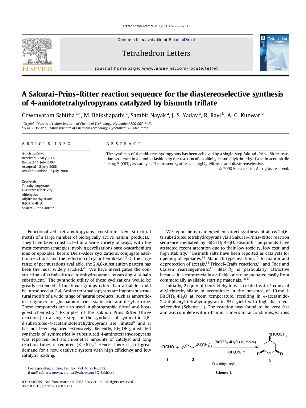 A Sakurai-Prins-Ritter reaction sequence for the diastereoselective synthesis of 4-amidotetrahydropyrans catalyzed by bismuth triflate