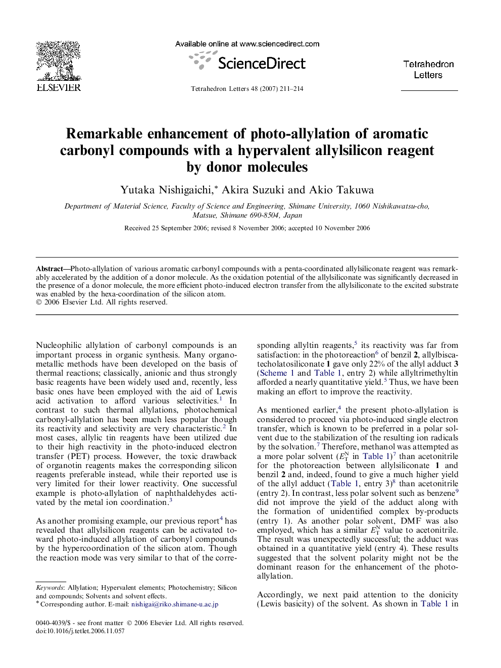 عکس صفحه اول مقاله: Remarkable enhancement of photo-allylation of aromatic carbonyl compounds with a hypervalent allylsilicon reagent by donor molecules Remarkable enhancement of photo-allylation of aromatic carbonyl compounds with a hypervalent allylsilicon reagent by donor molecules