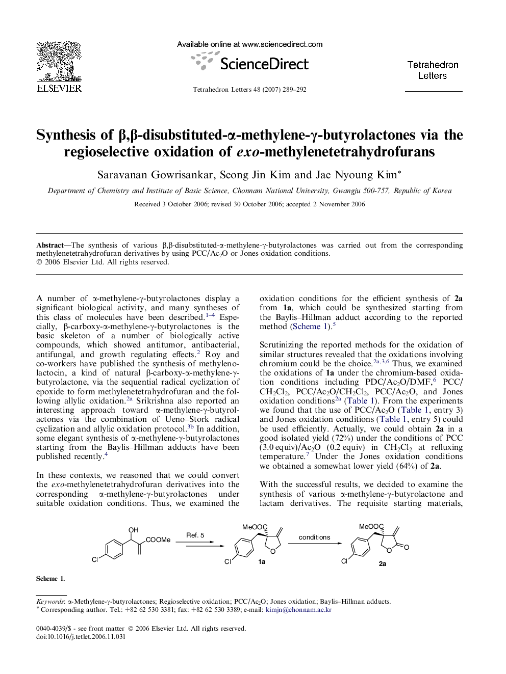 Synthesis of Î²,Î²-disubstituted-Î±-methylene-Î³-butyrolactones via the regioselective oxidation of exo-methylenetetrahydrofurans