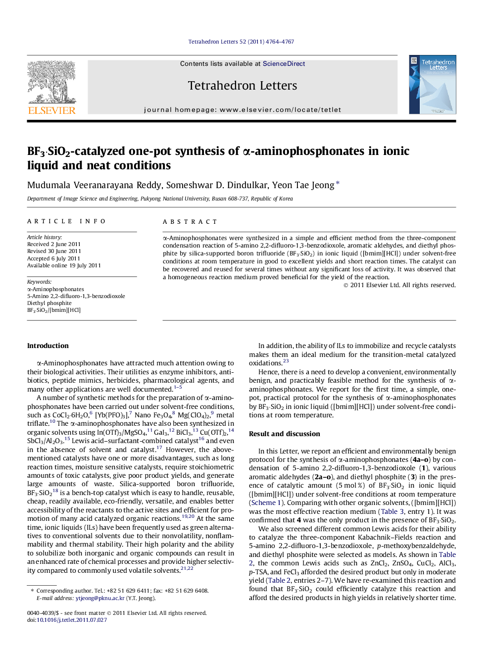 BF3Â·SiO2-catalyzed one-pot synthesis of Î±-aminophosphonates in ionic liquid and neat conditions