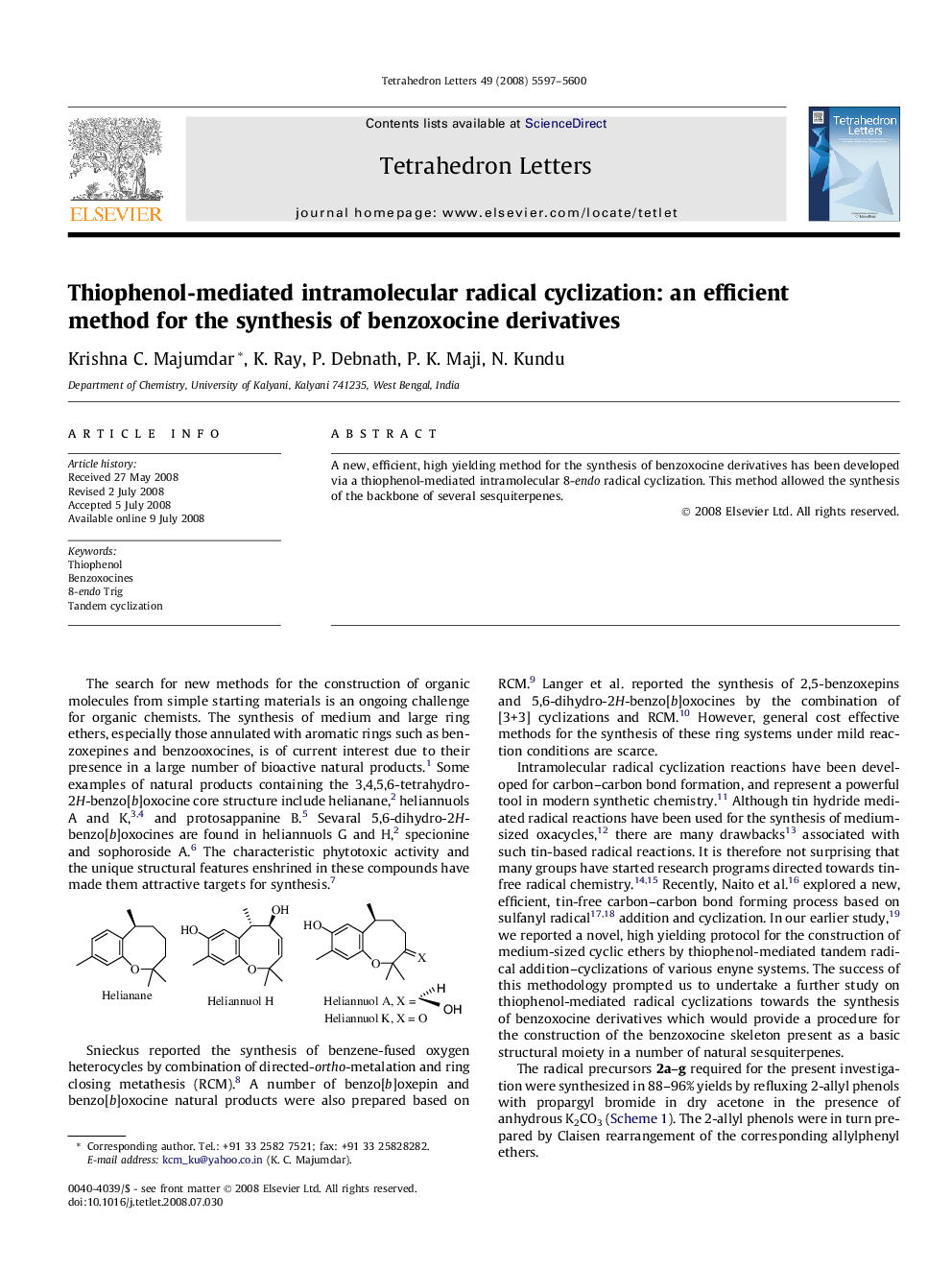 Thiophenol-mediated intramolecular radical cyclization: an efficient method for the synthesis of benzoxocine derivatives