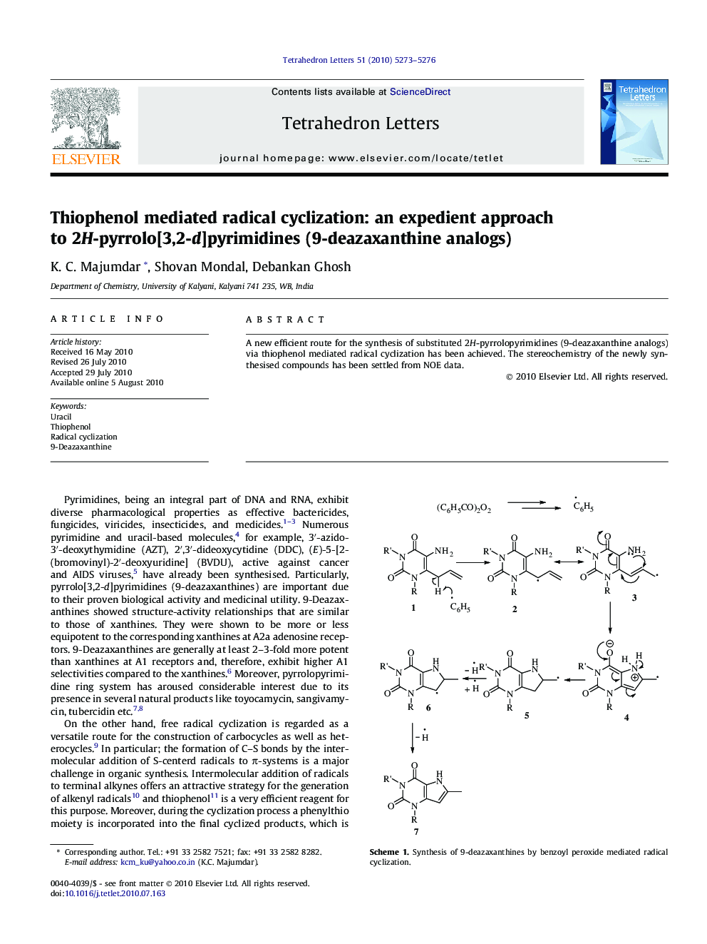 Thiophenol mediated radical cyclization: an expedient approach to 2H-pyrrolo[3,2-d]pyrimidines (9-deazaxanthine analogs)