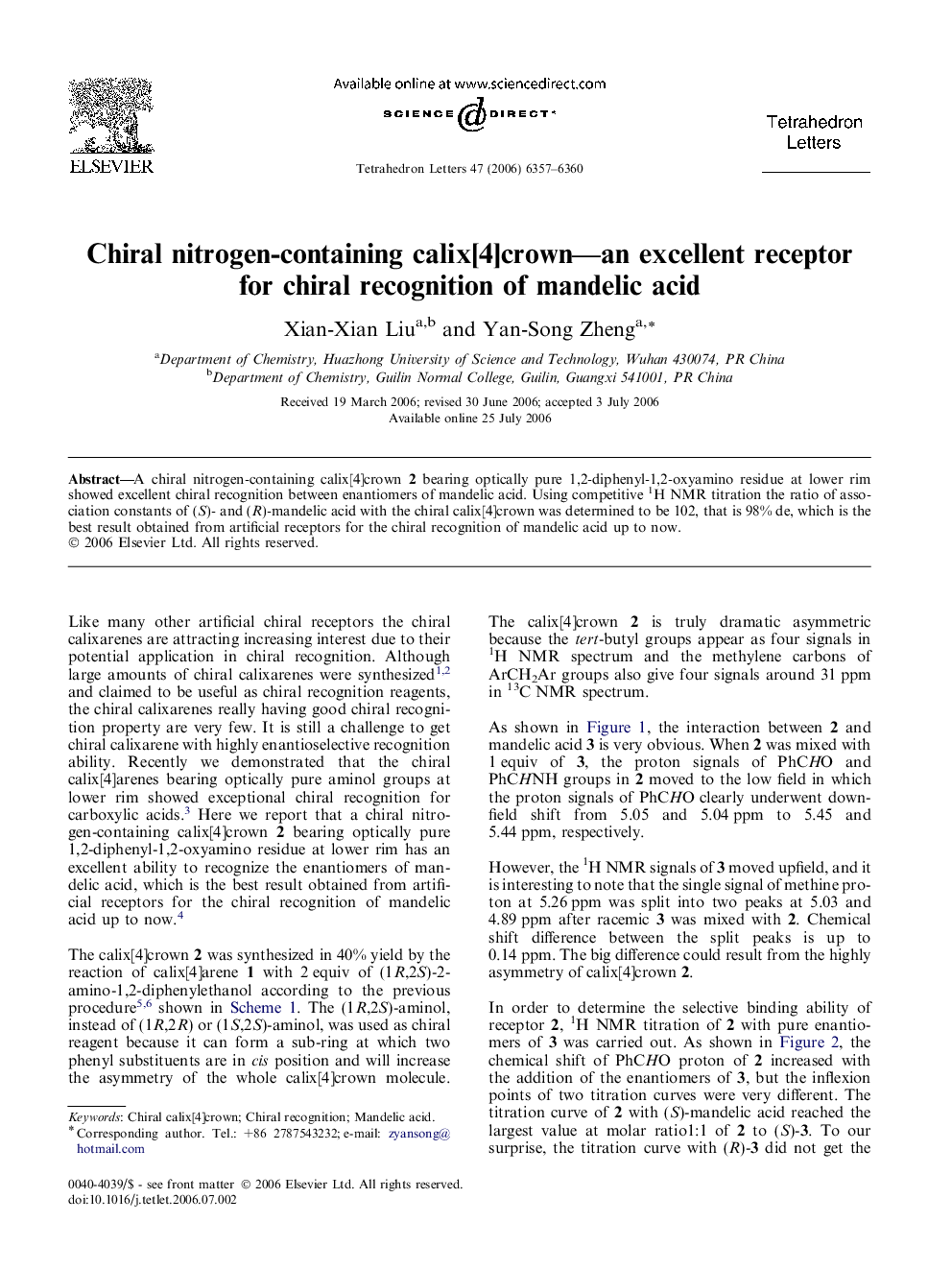 Chiral nitrogen-containing calix[4]crown-an excellent receptor for chiral recognition of mandelic acid