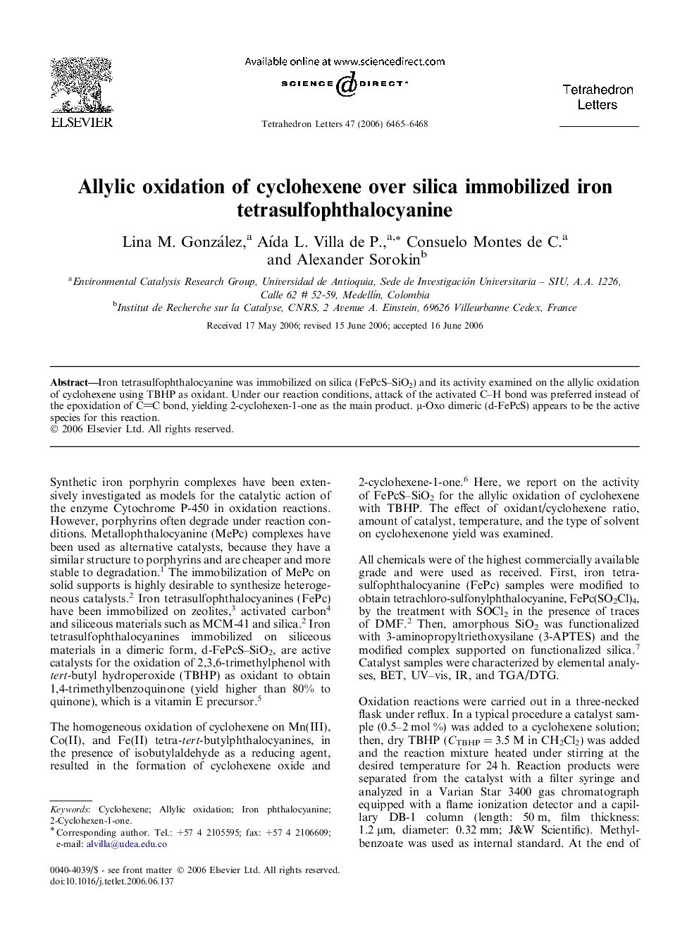 Allylic oxidation of cyclohexene over silica immobilized iron tetrasulfophthalocyanine