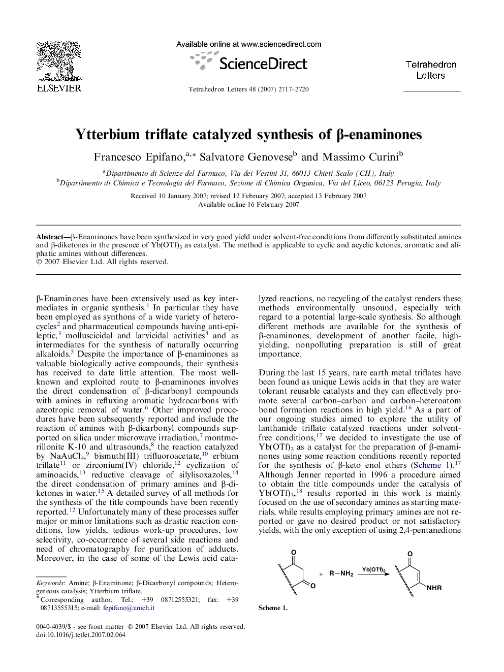Ytterbium triflate catalyzed synthesis of Î²-enaminones
