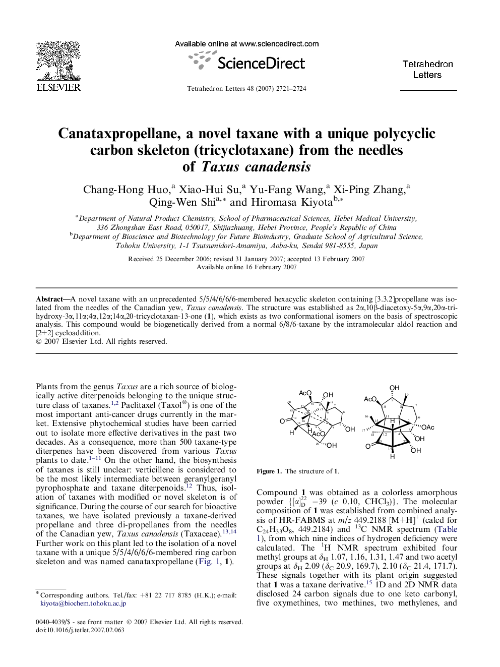 Canataxpropellane, a novel taxane with a unique polycyclic carbon skeleton (tricyclotaxane) from the needles of Taxus canadensis