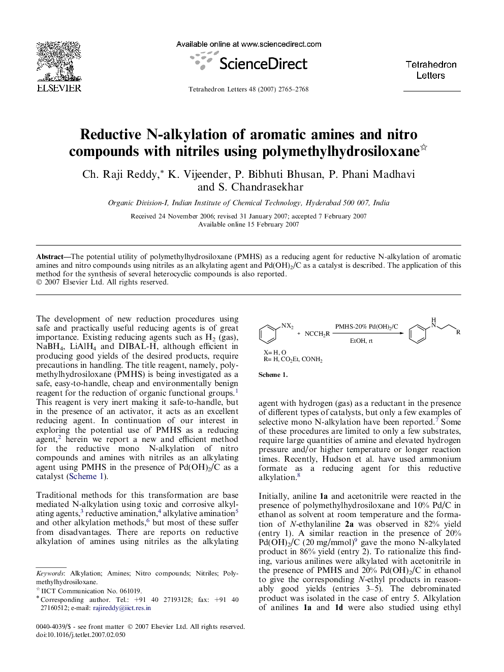 Reductive N-alkylation of aromatic amines and nitro compounds with nitriles using polymethylhydrosiloxane