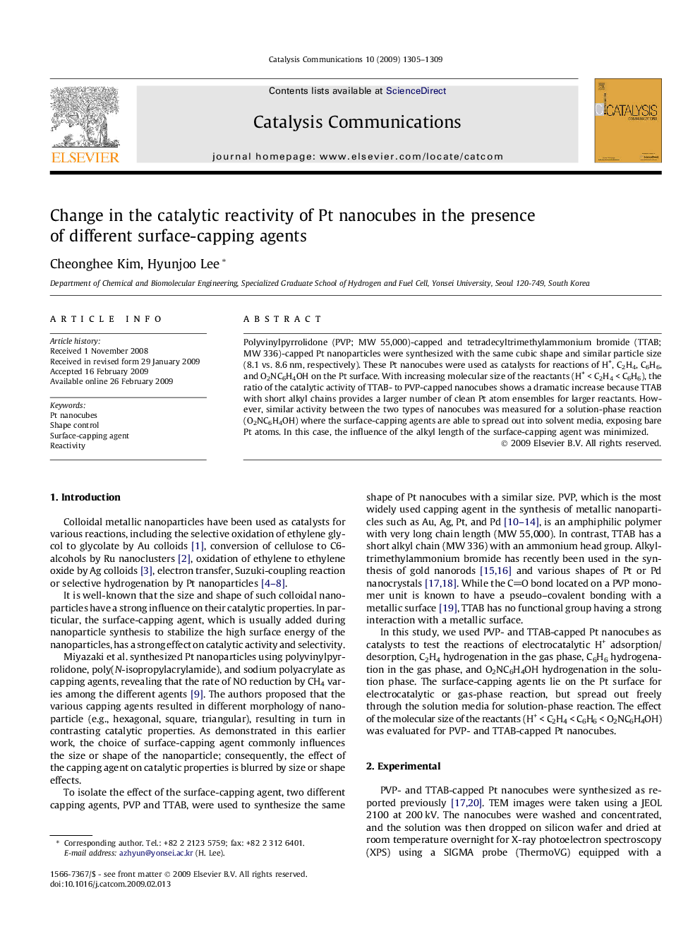 Change in the catalytic reactivity of Pt nanocubes in the presence of different surface-capping agents