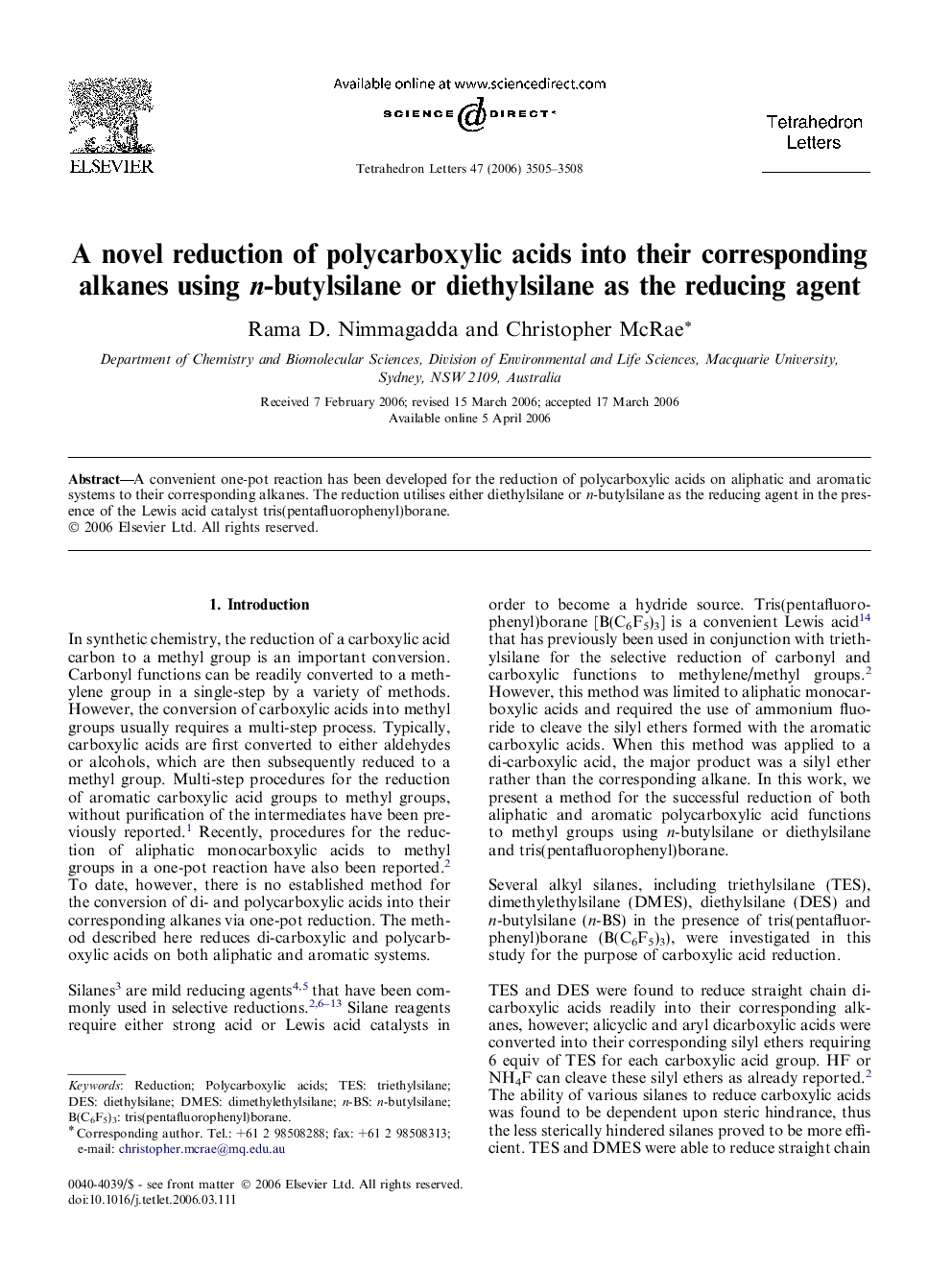 A novel reduction of polycarboxylic acids into their corresponding alkanes using n-butylsilane or diethylsilane as the reducing agent