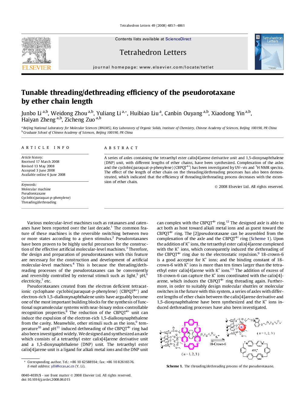 Tunable threading/dethreading efficiency of the pseudorotaxane by ether chain length