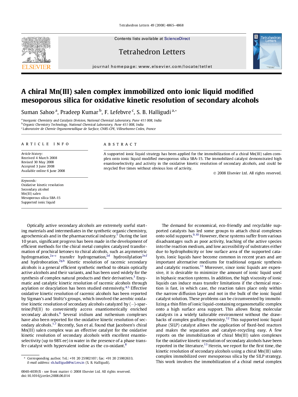 A chiral Mn(III) salen complex immobilized onto ionic liquid modified mesoporous silica for oxidative kinetic resolution of secondary alcohols