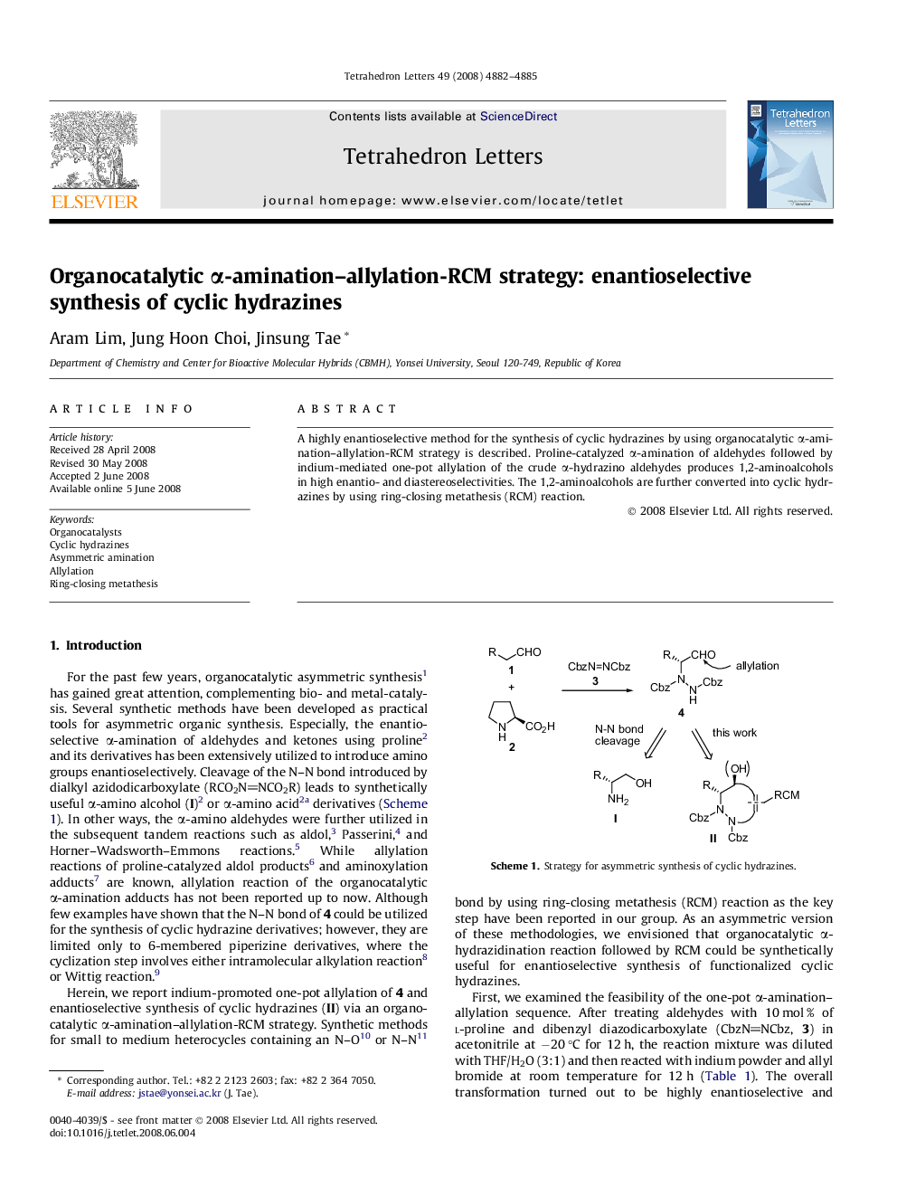 Organocatalytic Î±-amination-allylation-RCM strategy: enantioselective synthesis of cyclic hydrazines