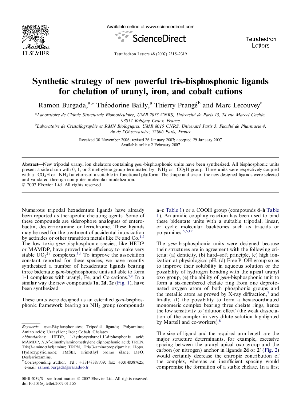 Synthetic strategy of new powerful tris-bisphosphonic ligands for chelation of uranyl, iron, and cobalt cations