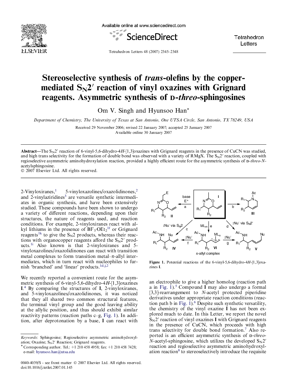 Stereoselective synthesis of trans-olefins by the copper-mediated SN2â² reaction of vinyl oxazines with Grignard reagents. Asymmetric synthesis of d-threo-sphingosines