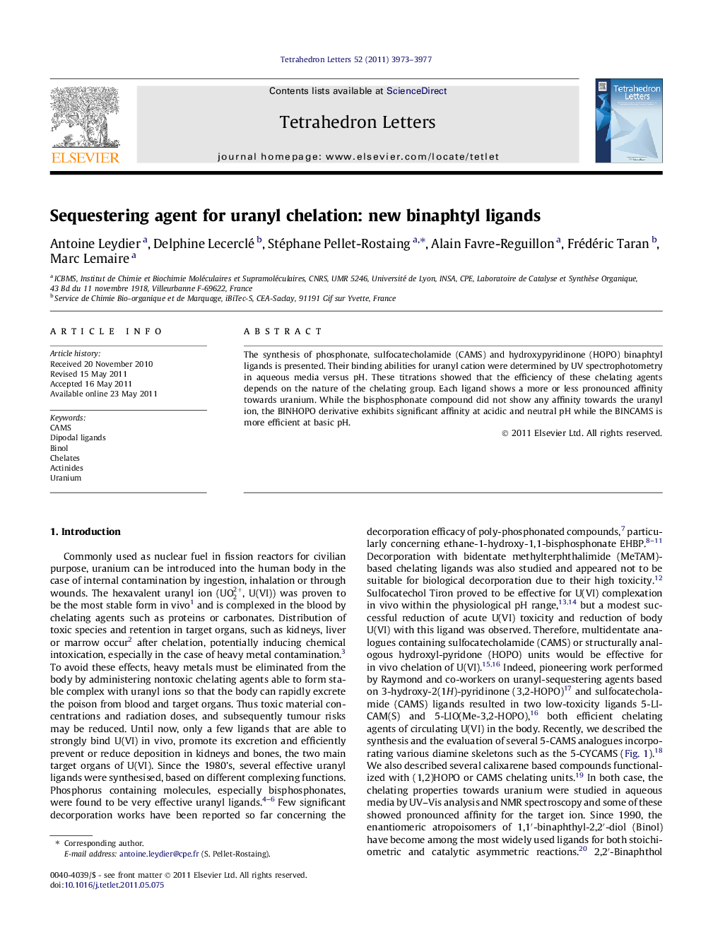 Sequestering agent for uranyl chelation: new binaphtyl ligands