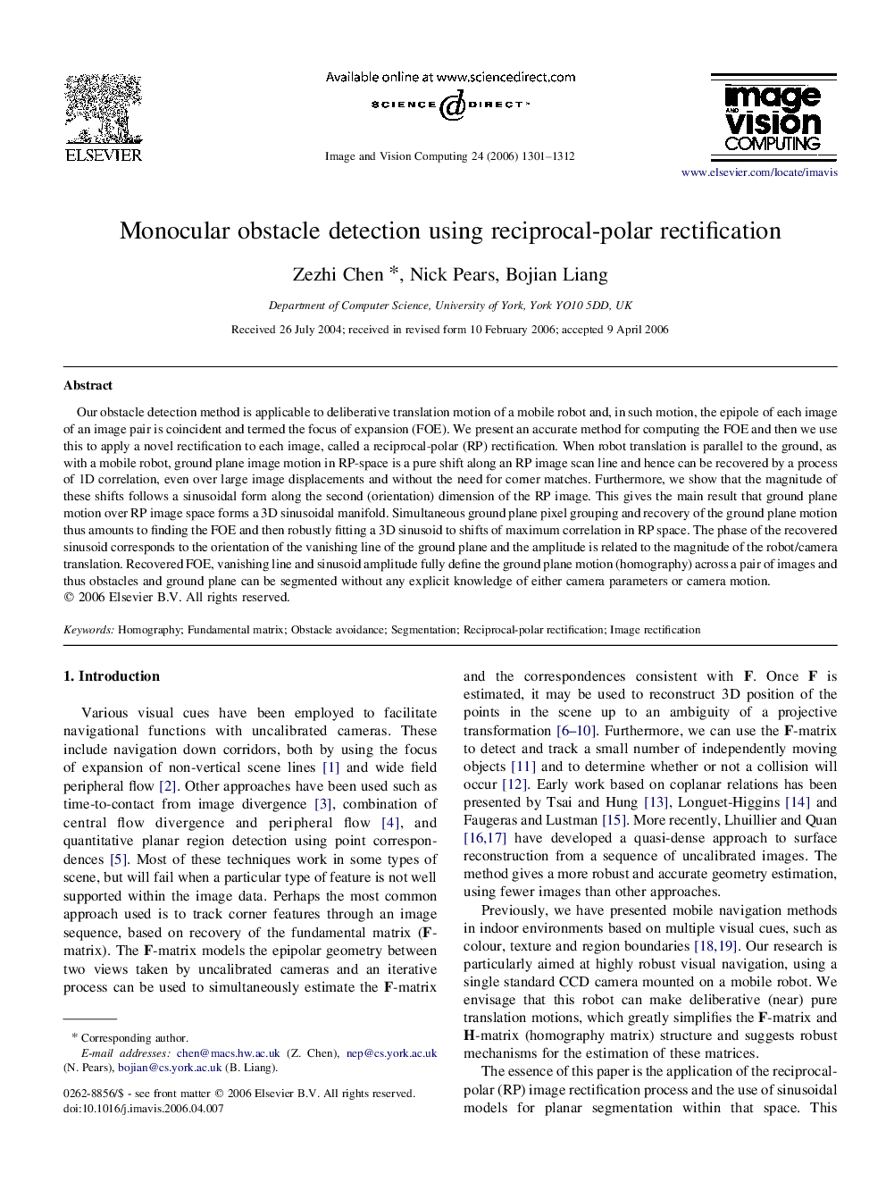 Monocular obstacle detection using reciprocal-polar rectification