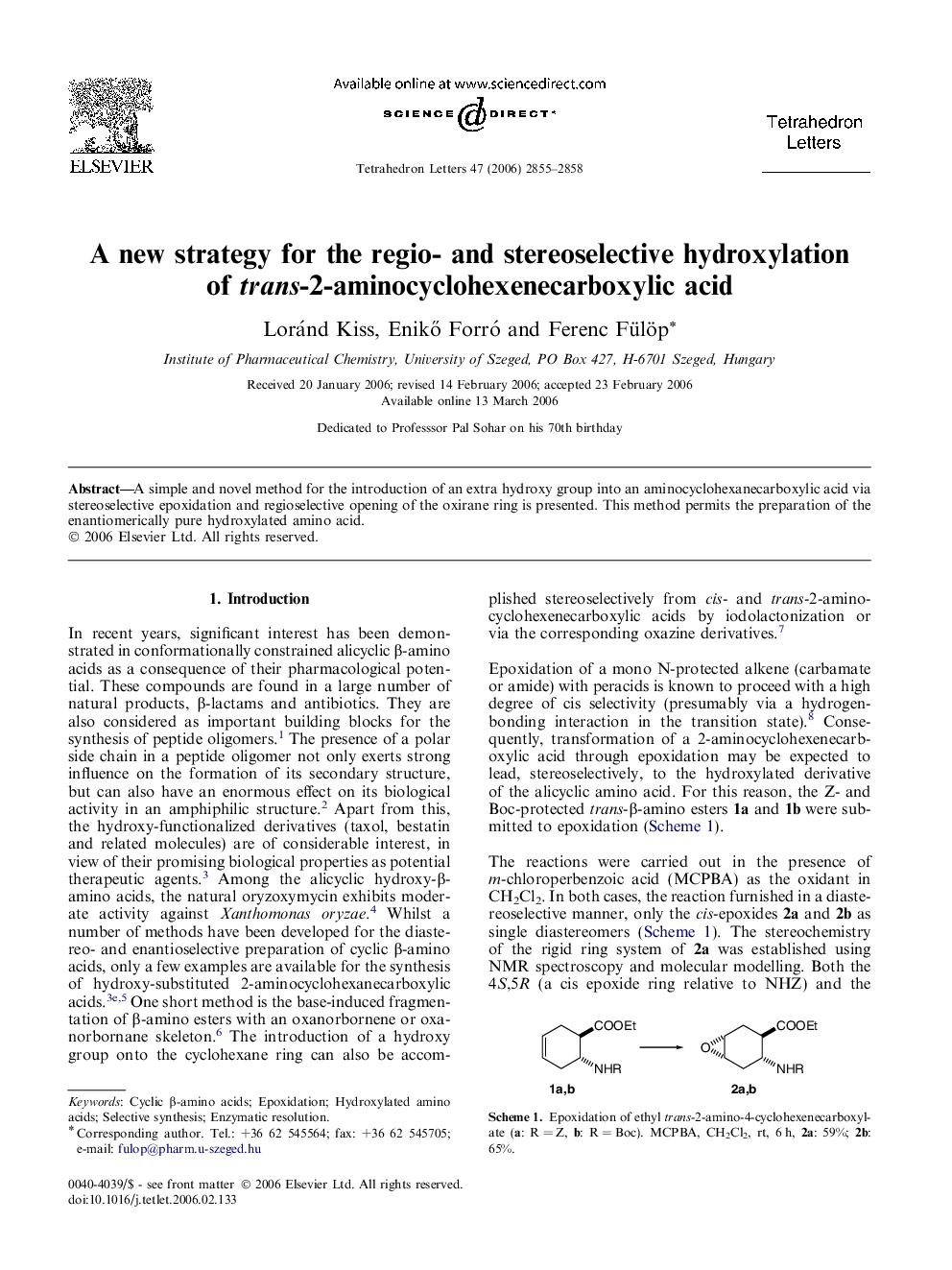 A new strategy for the regio- and stereoselective hydroxylation of trans-2-aminocyclohexenecarboxylic acid