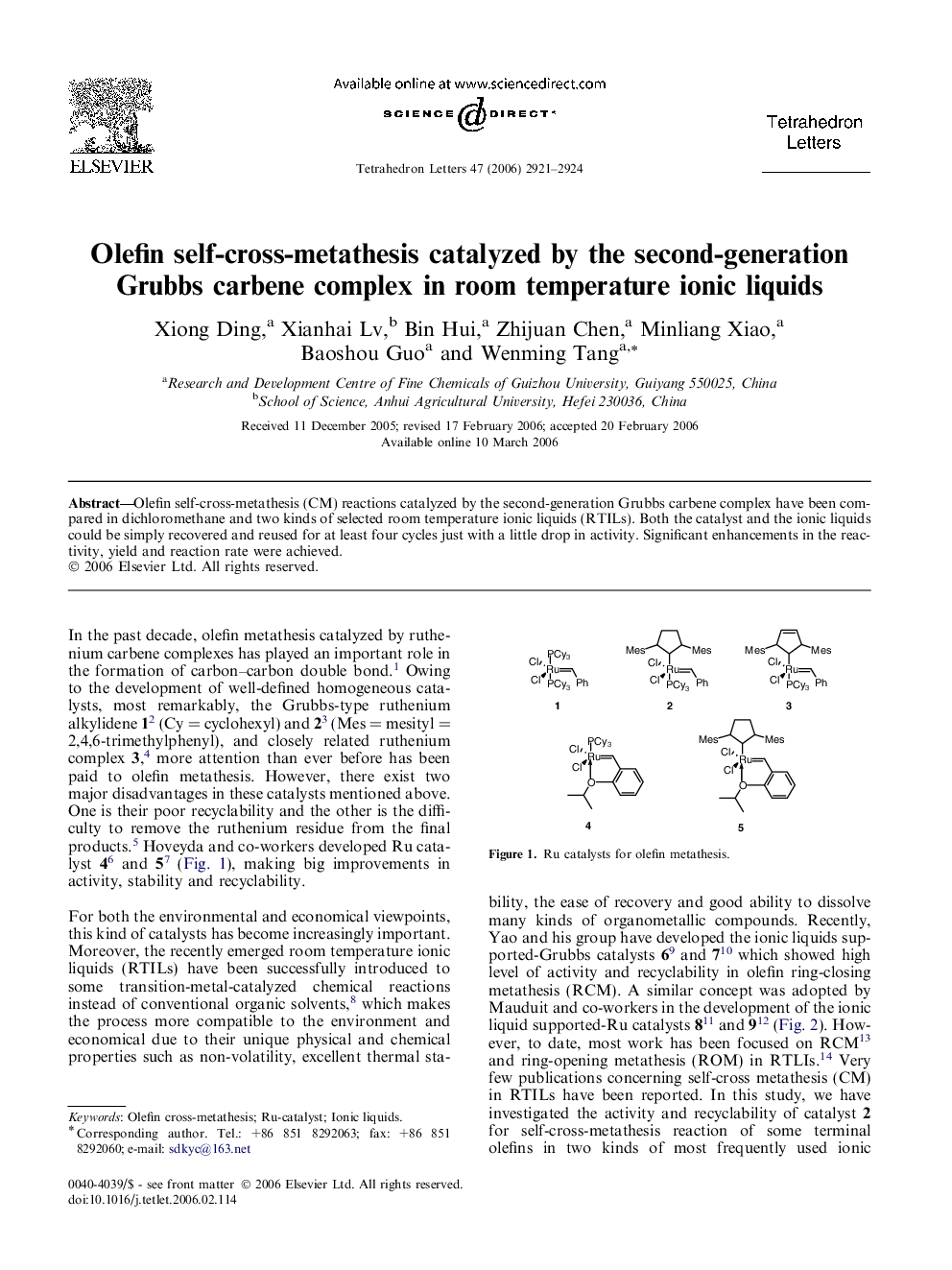 Olefin self-cross-metathesis catalyzed by the second-generation Grubbs carbene complex in room temperature ionic liquids