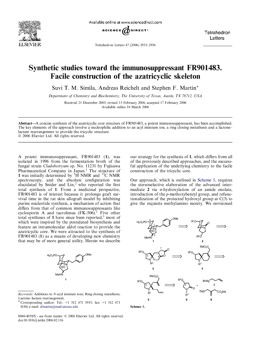 Synthetic studies toward the immunosuppressant FR901483. Facile construction of the azatricyclic skeleton