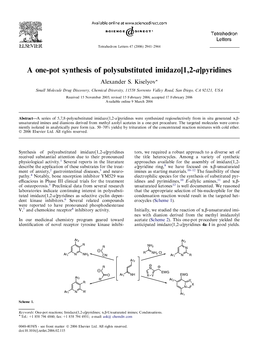 A one-pot synthesis of polysubstituted imidazo[1,2-a]pyridines