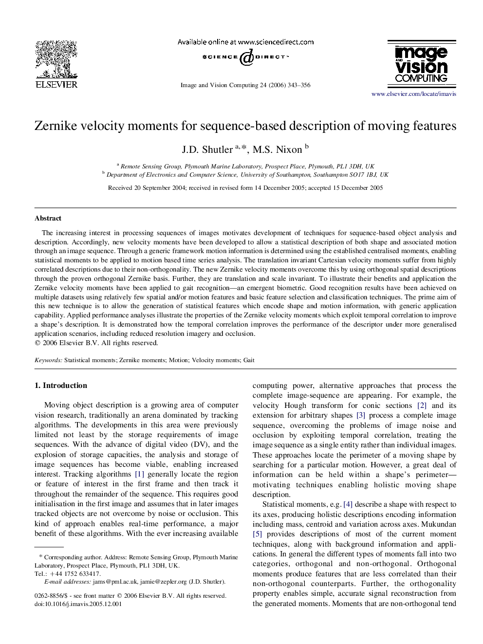 Zernike velocity moments for sequence-based description of moving features