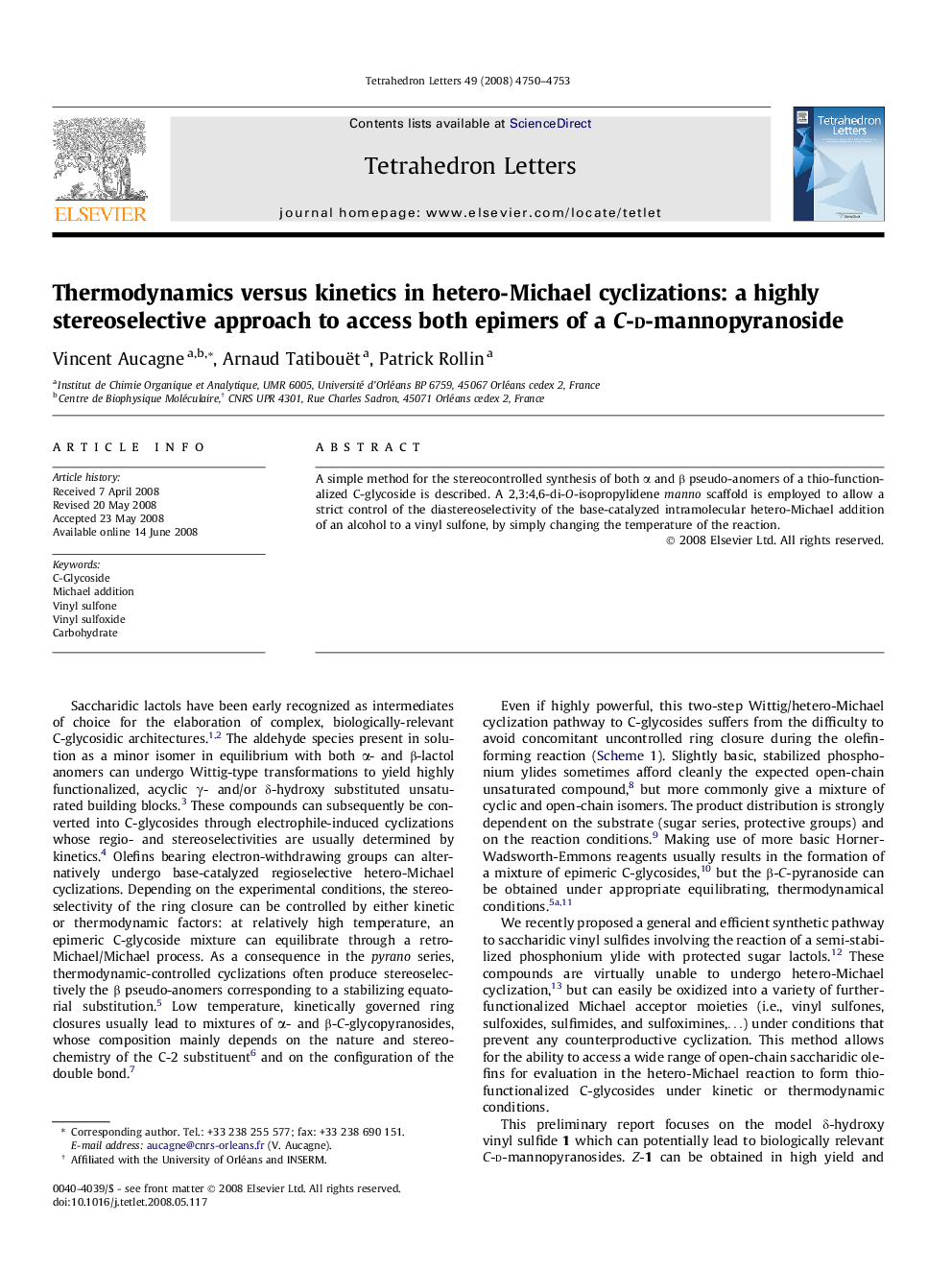 Thermodynamics versus kinetics in hetero-Michael cyclizations: a highly stereoselective approach to access both epimers of a C-d-mannopyranoside