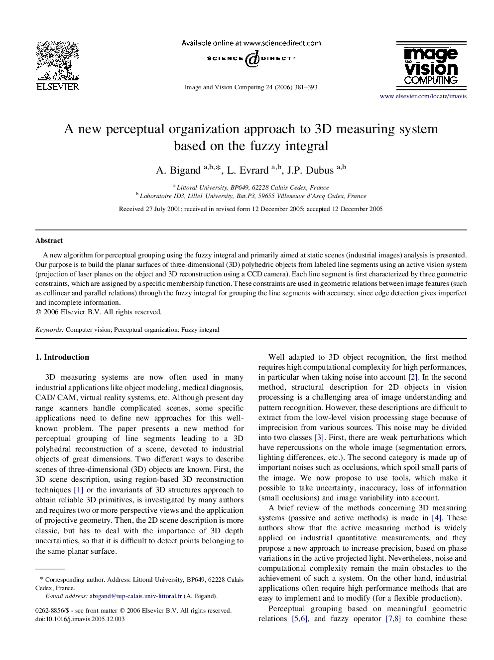 A new perceptual organization approach to 3D measuring system based on the fuzzy integral