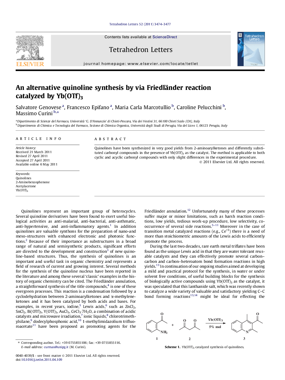 An alternative quinoline synthesis by via Friedländer reaction catalyzed by Yb(OTf)3